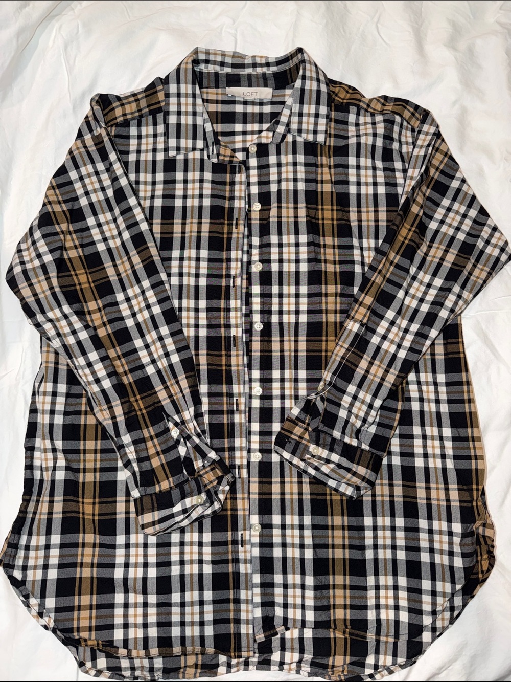 LOFT Women’s Black, Tan & White Plaid Button-Down Shirt